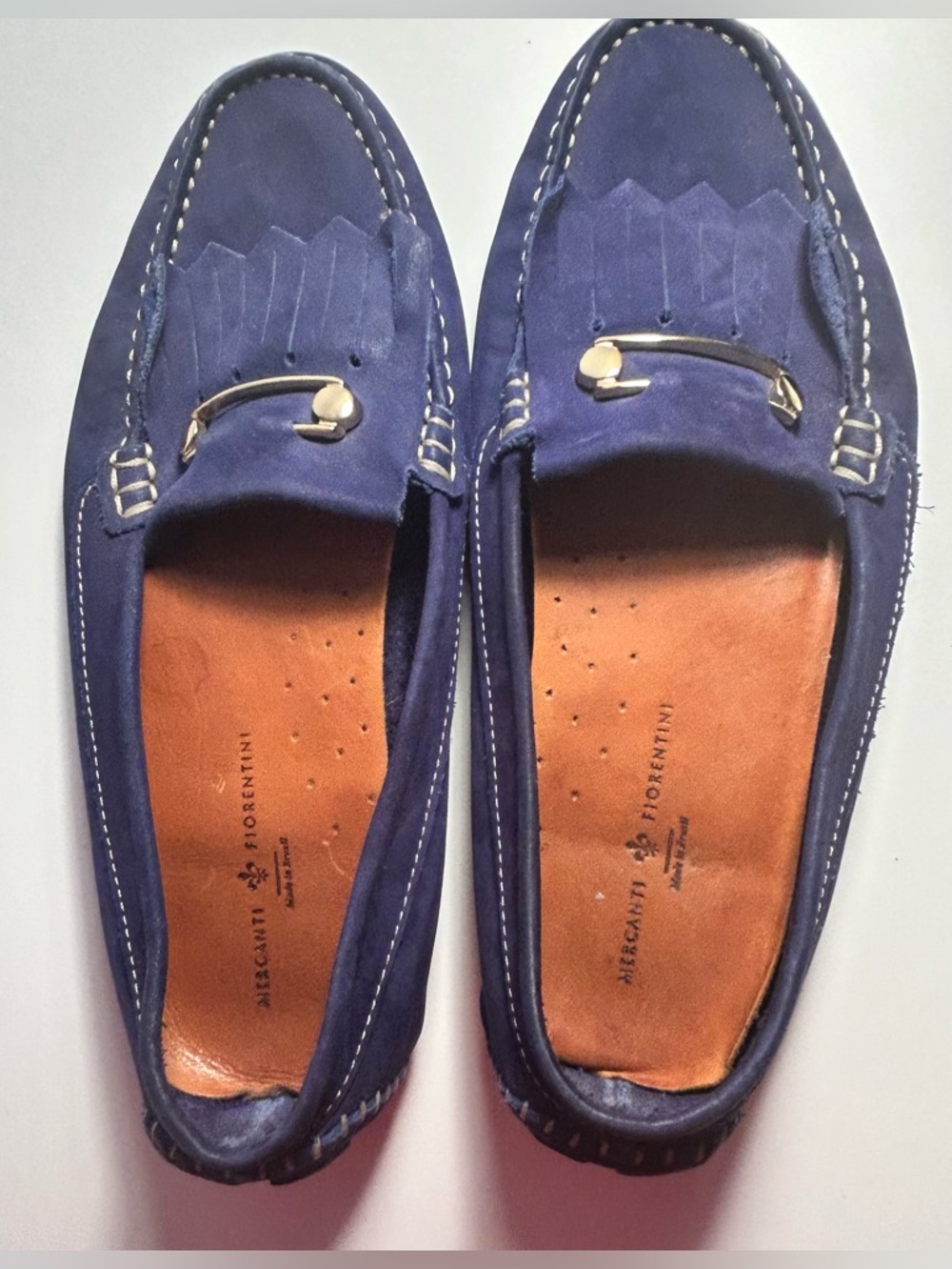 Mercanti Fiorentini Women’s Blue Suede Loafers Fringe & Goldtone Details Sz 10B